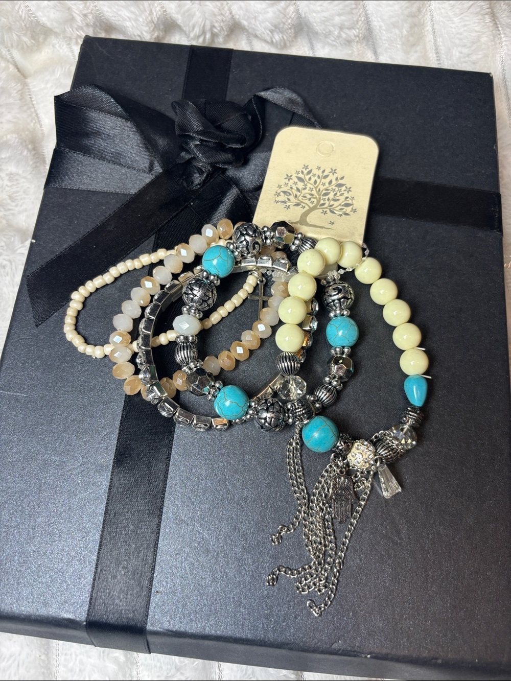 5 Layered Turquoise & Cream Beaded Bracelet Set